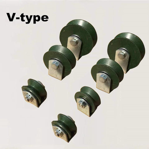 Angled front view of green V-type caster wheels with metal mounting brackets.