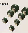 V-groove pulley wheel set, 7 pcs, green cast-iron, 40mm diameter with mounting brackets