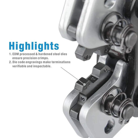 Close-up of Pro Grade Heavy Duty Battery Cable Lug Crimping Tool die set and engravings for precision auto and marine use.
