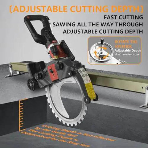No Sweat 150W Circular Saw Guide Rail Kit With Adjustable Cutting Depth, showcasing adjustable cutting depth feature and saw.
