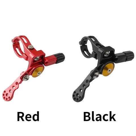 Red and black Universal MTB Dropper Remote Lever for 22.2mm or 24mm handlebar, cable actuated, aluminum, easy clamp mount.