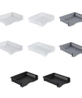Stackable Letter Tray Desk Organizer set in white, gray, and black ABS plastic, for paper files and mail, space saving design.