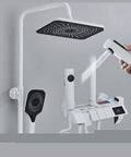 RIBEUJIZS Digital Shower System, White Digital Display with handheld sprayer, and adjustable overhead rain shower.