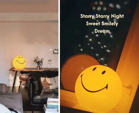 Smiley Face Night Light For Kids USB Rechargeable Portable Nursery Lamp on table with cozy warm yellow glow