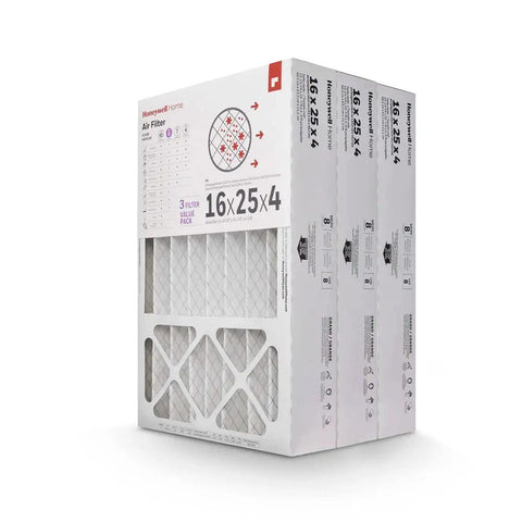 3 Pack 16x25x4 MERV 8 HVAC Furnace Air Filters For Home Use Traps Dust Pollen Smoke Mold Electrostatic Filtration visible in packaging