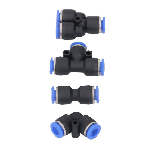 Jiawu 40 Piece Push To Connect Pneumatic Fitting Kit With Splitters Elbows Tees And Straight Connectors For Air Tubing Projects Versatile All Inclusive Toolset Perfect For Any DIY Job black plastic pneumatic fittings with blue collars, assorted tees and elbows