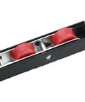 Heavy Duty Sliding Door Rollers 4 Pack Dual Wheel Pulley Kit Smooth Glide Track Hardware showing dual red wheels and steel frame.
