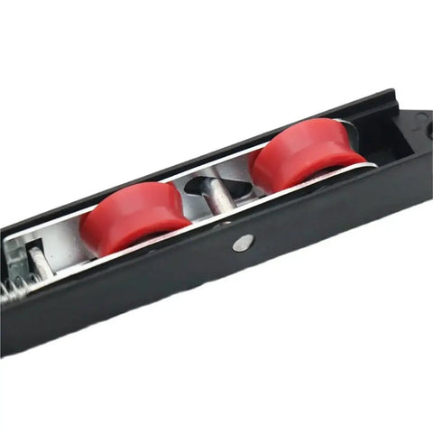 Heavy Duty Sliding Door Rollers 4 Pack Dual Wheel Pulley Kit Smooth Glide Track Hardware showing dual red wheels and steel frame.