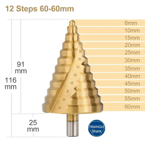 Step Drill Bit Set 6 To 60mm Titanium Coated HSS Cone Drill Bit With Triangular Shank for multiple hole sizes