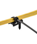 Heavy Duty Nylon Cable Clips With Screws And Ties, 100 Pack Set For Home Office Desk Organization holding a yellow wire securely.