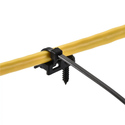 Heavy Duty Nylon Cable Clips With Screws And Ties, 100 Pack Set For Home Office Desk Organization holding a yellow wire securely.