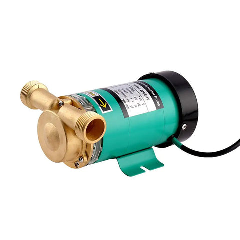 Automatic Water Pressure Booster Pump With 1 Inch Outlet, Max Head 49 Ft, 7 GPM Flow, 115V, brass impeller, green aluminum housing.