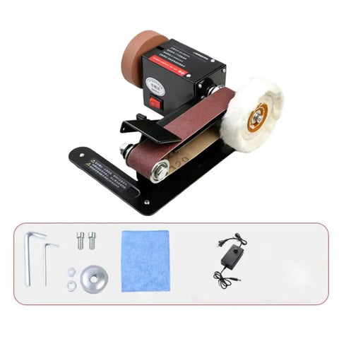 Badass Compact Desktop Electric Belt Sander Set For Sharpening Knives Metal Parts And Wood Projects With Adjustable Speed Settings and Comfortable Grip, showing sander and accessories.