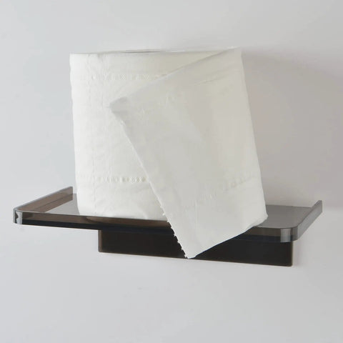 Adhesive Wall Shelf Clear Acrylic Space Saver For Bathroom Kitchen Office, holding a toilet paper roll, no drill mount