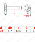 Bulletproof Titanium Button Head Screws M3x16mm technical drawing with dimensions including d, dk, k, s, and t for precise specifications.
