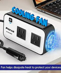 200W DC 12V To 110V AC Car Power Inverter Pack Of 2 featuring cooling fan and dual AC outlets for device charging.