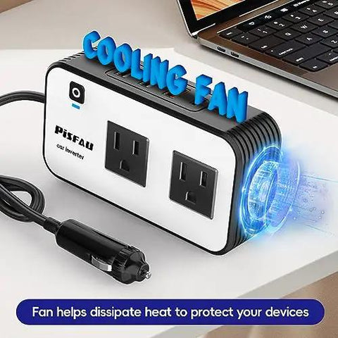 200W DC 12V To 110V AC Car Power Inverter Pack Of 2 featuring cooling fan and dual AC outlets for device charging.