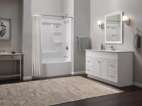 Bathroom with white vanity featuring Foundations Centerset Chrome Bathroom Faucet for Vanity 4 Inch 3 Hole Sink Fixture.