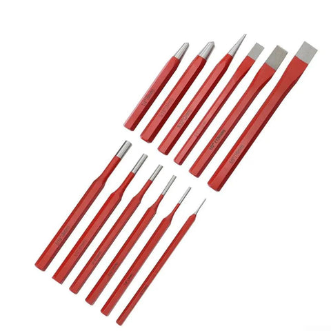 12 Piece Metal Punch And Chisel Kit Hand Tools For Shaping And Cutting Brick Stone And Metalwork Pro Grade Set arranged on white surface