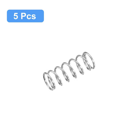 Five 304 stainless steel compression springs, 6 mm outer diameter, 0.6 mm wire, 15 mm free length, silver