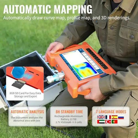 Person using Auto Analysis Water Detector 300M Geophysical Prospecting Gear for geological exploration with mapping feature and SD card slot.