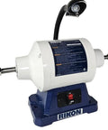 Rikon 80 Inch Low Speed Bench Grinder 1 HP Motor 1750 RPM Cast Iron Base for woodworking with adjustable light.