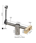 Heavy Duty Adjustable Benching Dog Clamp For Woodworking, Three Quarter Inch Dog Hole Clamp, showing wrench and dimensions