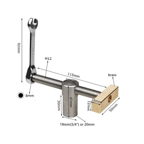Heavy Duty Adjustable Benching Dog Clamp For Woodworking, Three Quarter Inch Dog Hole Clamp, showing wrench and dimensions