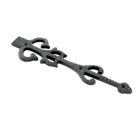 Garage Door Decorative Hardware Set 11 Inch Slick Black Wrought Iron Dummy Strap Hinge with mounting hardware, close-up view