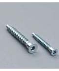 Two sturdy stainless steel wood screws set with hex or pozi drive countersunk flat head for DIYers knock-down projects, M7x50mm.
