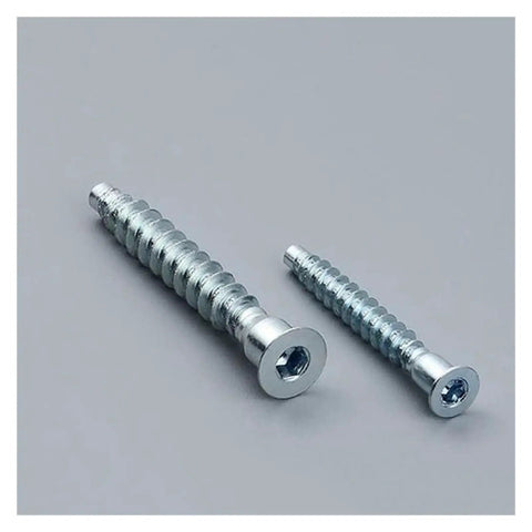 Two sturdy stainless steel wood screws set with hex or pozi drive countersunk flat head for DIYers knock-down projects, M7x50mm.