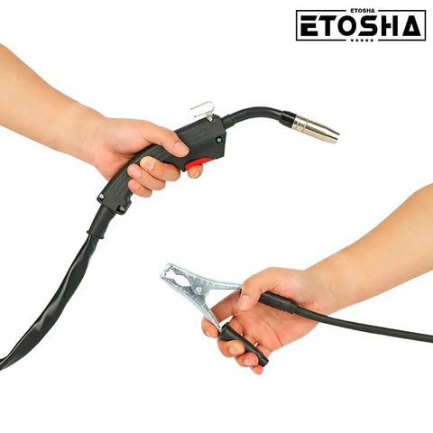 Hands holding components of the 140Amp MIG Welder Flux Core Gasless 110V Inverter With Automatic Wire Feed