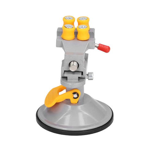 Heavy Duty Mini Suction Cup Vise Bench Mount 360 Rotation Universal Desktop Clamp For Woodwork with gray and yellow design.