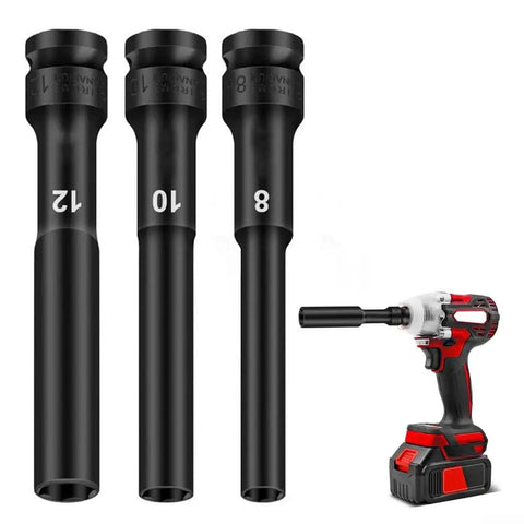 Heavy Duty 3PCS Chrome Vanadium Socket Adapter Set For Impact Wrench Fits 8mm 10mm And 12mm Hex Heads With Sweet 1/2 Inch Drive Interface Totally Rock Solid Gear Head Upgrade. Three black chrome vanadium adapters with impact wrench