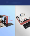 Rock Solid Brushless Belt Sander Paired With Adjustable Knife Grinder and Flip Angle Setup for Fast Blade Sharpening on Wood and Metal, showing dimensions.