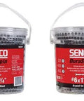 Top Shelf One Inch Quarter Number Six Drywall To Wood Screws Collated Strips Phosphate Gray Bugle Head Coarse Thread Pack Of Six Tubs displayed in clear tubs.