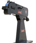 Solid Workhorse 3 Inch Horizontal Belt Grinder 4 Horsepower 220 Volt Three Phase Motor showing a gray pivoting steel frame.