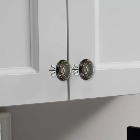 Two Pack Ceramic Cabinet Knobs 1.4 Inch Round Drawer Pulls With Mounting Screws Dope Modern Orange Cabinet Hardware For Kitchen Cabinets Closets And Dressers installed on a white cabinet