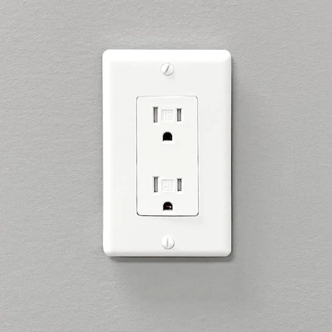 Tamper Resistant Duplex Receptacle White Wall Outlet 15 Amp Standard Decorative Electrical Outlet Contractor Pack With Wall Plates Included Easy Push In And Terminal Screw Installation 10 Pack on grey wall