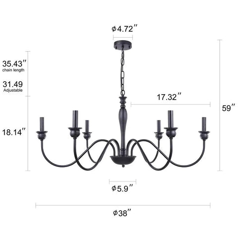 Diagram showing dimensions of Six Light Farmhouse Chandelier In Black Iron For Dining Room And Kitchen Island Rustic Industrial Ceiling Light Fixture With Classic Candle Style Stems Perfect Foyer Living Room And Bedroom Lighting 38 Inch
