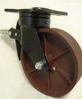 Badass Heavy Duty 8 Inch Diameter 2 Inch Wide Kingpinless Drop Forged Swivel Caster With Total Lock Brake and Maintenance Free Ductile Steel Wheel, showing side view with wheel and swivel mount