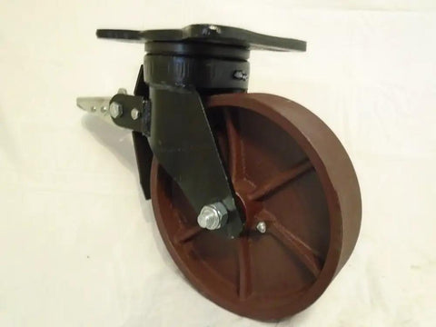 Badass Heavy Duty 8 Inch Diameter 2 Inch Wide Kingpinless Drop Forged Swivel Caster With Total Lock Brake and Maintenance Free Ductile Steel Wheel, showing side view with wheel and swivel mount