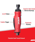 Badass Pneumatic Straight Die Grinder Half Hp Air Motor 22000 Rpm Speed Demon Feather Trigger Muffled Exhaust Lightweight Composite Body.