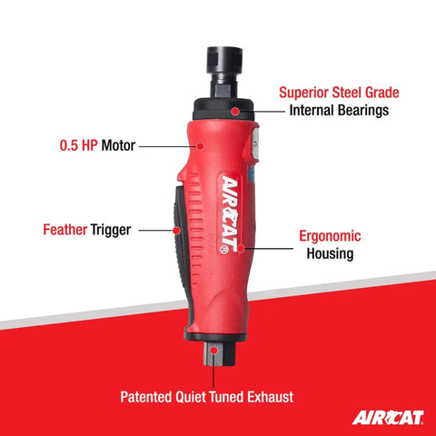 Badass Pneumatic Straight Die Grinder Half Hp Air Motor 22000 Rpm Speed Demon Feather Trigger Muffled Exhaust Lightweight Composite Body.