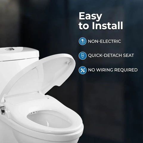 Close-up of Elongated Bidet Seat With Dual Nozzles, Easy No Wiring Install, Self Cleaning on a toilet with quick-detach seat