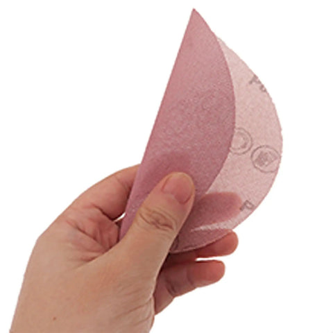 5 Inch Sanding Disc in hand, featuring Hook And Loop Design, Heavy Duty Aluminum Oxide Mesh for smooth finishes on wood and metal.