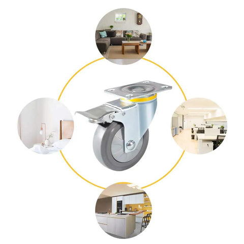 Heavy Duty Furniture Castors Featuring Quiet Gray Rubber Wheels Smooth Rolling Swivel Plate Double Ball Bearings Dual Locking Brakes close-up image with diverse environments