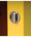 Close-up of locking mechanism on Built Tough Flammable Liquid Safety Cabinet, 40 Gallon Yellow Fire Resistant Storage Locker.