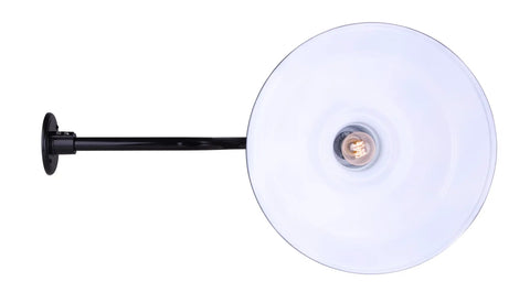 Outdoor Aluminum Barn Light In Glossy Black With Gooseneck Arm 16 Inch Wet Location Rated Classic Barn Style Shade shown from side