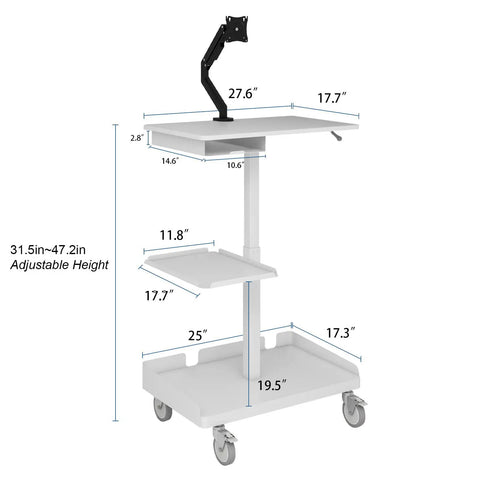 Heavy Duty White Rolling Mobile Workstation Cart With Smooth Gas Spring Height Adjustment For Sit Stand Daily Grind, adjustable height features.